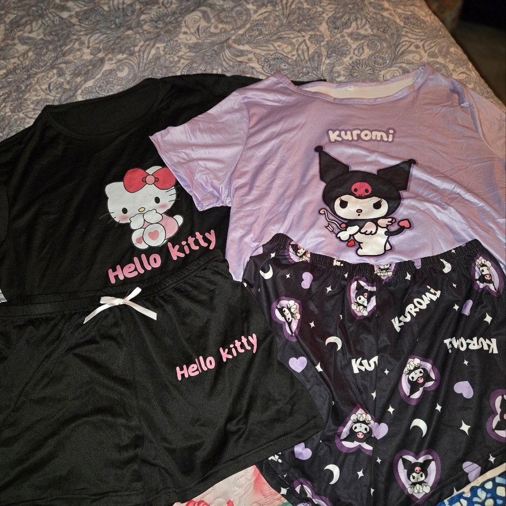 (2) Sanrio Hello Kitty & Kuromi PJ Sets- Black & Lavender T-shirt & Boxer Shorts